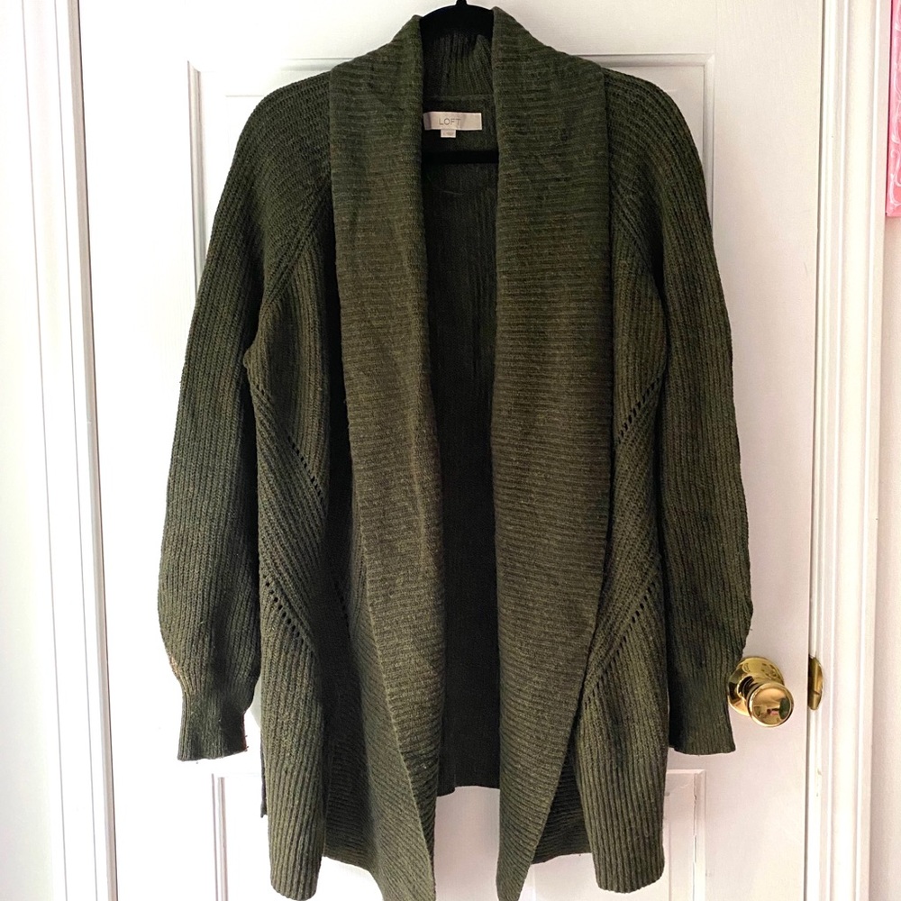 Loft Soft Long Open Sweater in Olive Green